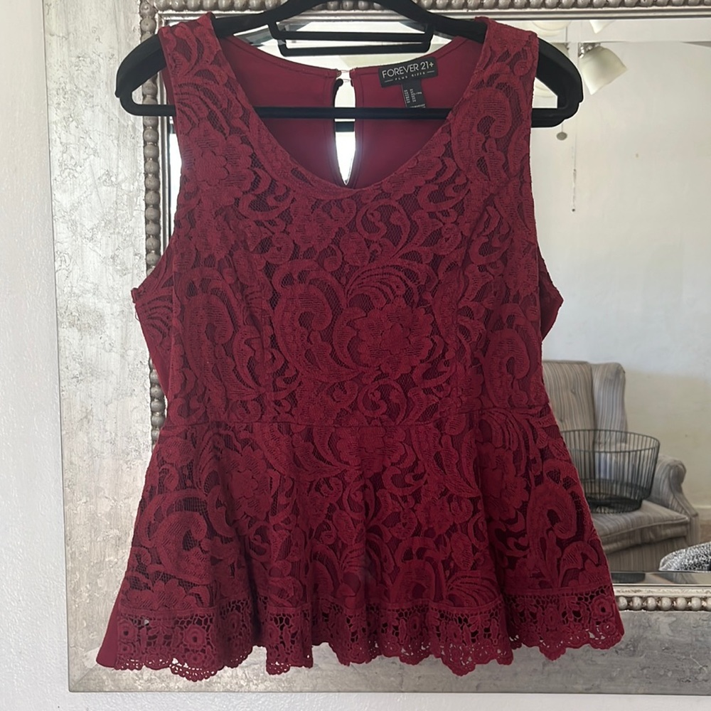 Red lace front peplum top.